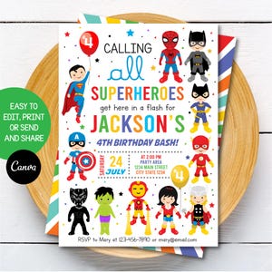 Editable Superhero Birthday Invitation, Superheroes Party, Superheroes Birthday, Canva Template, INSTANT DOWNLOAD