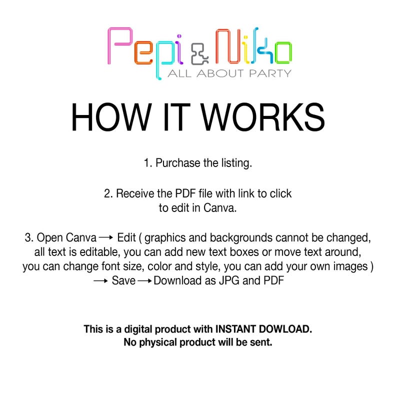 May include: A white background with black text explaining how to use a digital product. The text says "Pepi & Niko All About Party" in colorful letters at the top. The text says "HOW IT WORKS" in large black letters. The text explains how to purchase the listing, receive the PDF file, edit the file in Canva, and download the file as JPG and PDF. The text says "This is a digital product with INSTANT DOWNLOAD. No physical product will be sent."