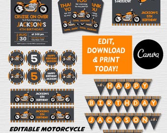 May include: A collection of printable birthday party decorations with a motorcycle theme. Includes invitations, thank you tags, cupcake toppers, banner, and labels. The color scheme is orange, black, and white. Text includes "Jackson's 4th Birthday" and "Edit, Download & Print Today!"