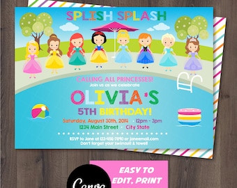 May include: A colourful invitation for a 5th birthday pool party. The invitation features a blue pool with a slide, a beach ball, and a pool float. The text reads "Splish Splash Calling All Princesses! Join us as we celebrate Olivia's 5th Birthday! Saturday, August 30th, 2014 12pm-3pm 1234 Main Street City State RSVP to Jane at 123-456-7890 or janeemail.com Don't forget your swimsuit & towel!"