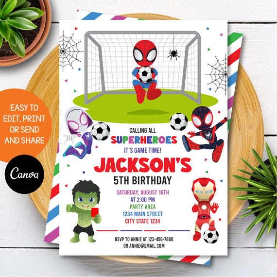 Editable Superhero Soccer Invitation, Superhero and his Amazing Friends Invitation, Superhero Soccer Party, Canva, INSTANT DOWNLOAD