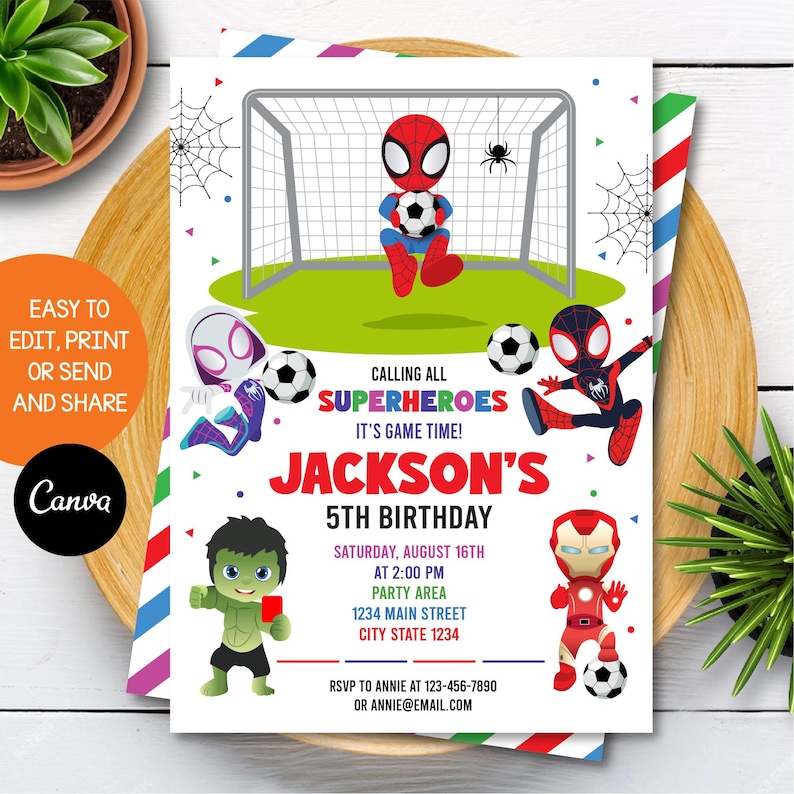 以下が含まれることがあります： スパイダーマンやアイアンマンなどの漫画のキャラクターが登場する、スーパーヒーローをテーマにした誕生日パーティーの招待状。招待状には「Calling all Superheroes, It's Game Time!」というテキストと、ジャクソンの5歳の誕生日パーティーの詳細が含まれています。