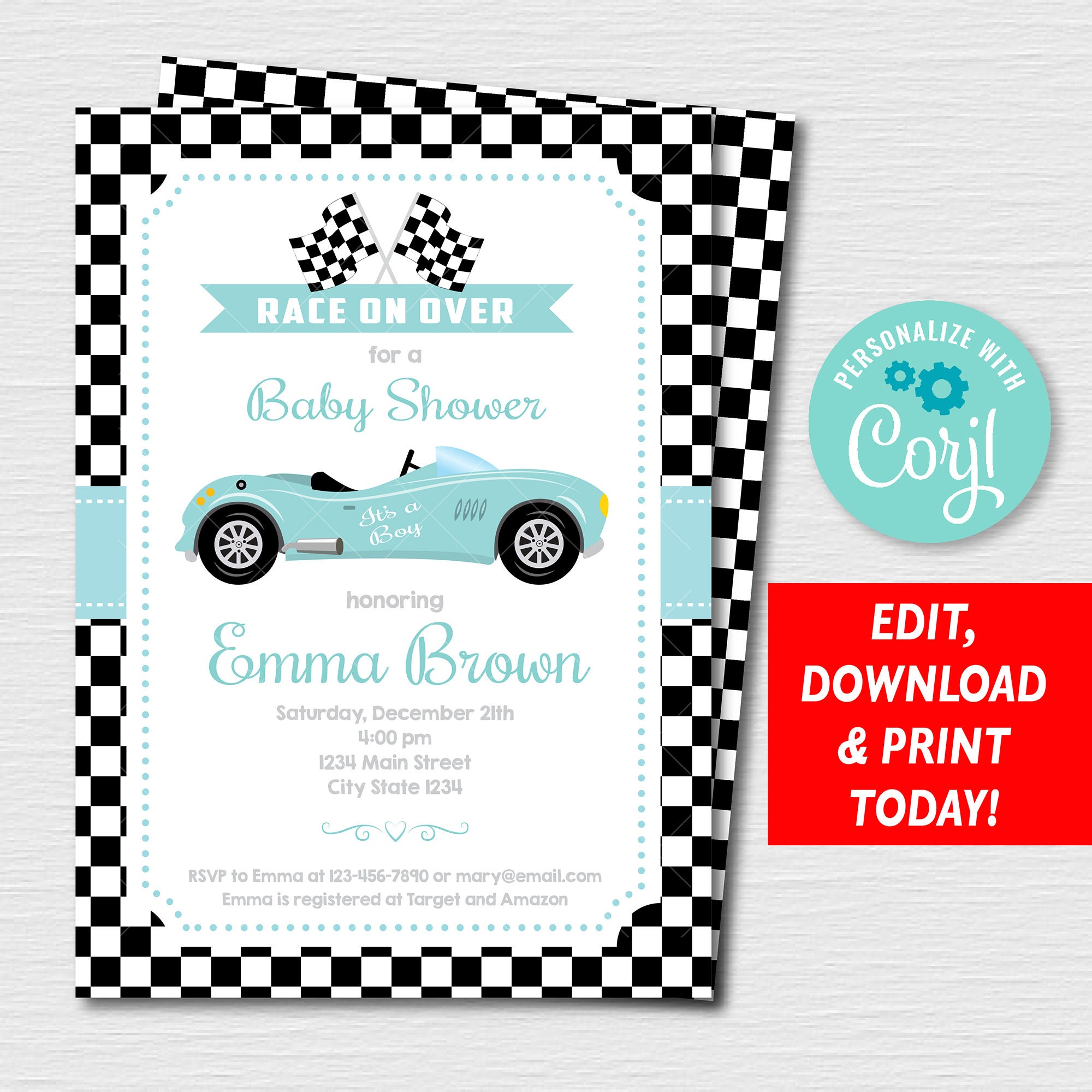 Editable Racing Car Baby Shower Invitation Baby Boy Aqua Etsy