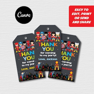 Self Editable - Superhero Thank You Favor Tags, Superheroes Birthday, Thank you Note, Superhero Party, Canva template, INSTANT DOWNLOAD
