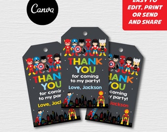 Self Editable - Superhero Thank You Favor Tags, Superheroes Birthday, Thank you Note, Superhero Party, Canva template, INSTANT DOWNLOAD