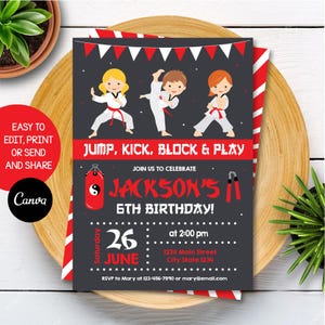 Invito di compleanno modificabile di taekwondo, invito di karate per ragazzi, festa di taekwondo per ragazzi, compleanno di karate, lavagna, Canva, DOWNLOAD IMMEDIATO