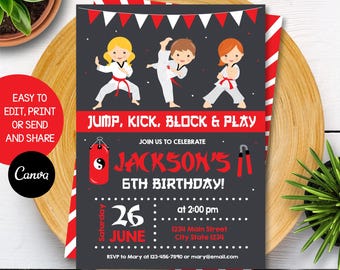 Editable Taekwondo Birthday Invitation, Boy Karate Invitation, Boy Taekwondo Party, Karate Birthday, Chalkboard, Canva, INSTANT DOWNLOAD