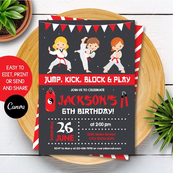 Convite de aniversário de Taekwondo editável, convite de karatê para menino, festa de Taekwondo para menino, aniversário de karatê, quadro-negro, Canva, DOWNLOAD INSTANTÂNEO