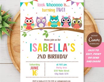 May include: A colorful birthday invitation with the text "Look Whoooo is... turning TWO!" and "ISABELLA'S 2ND BIRTHDAY." The design features five cartoon owls perched on a branch, with a pink Canva download button.