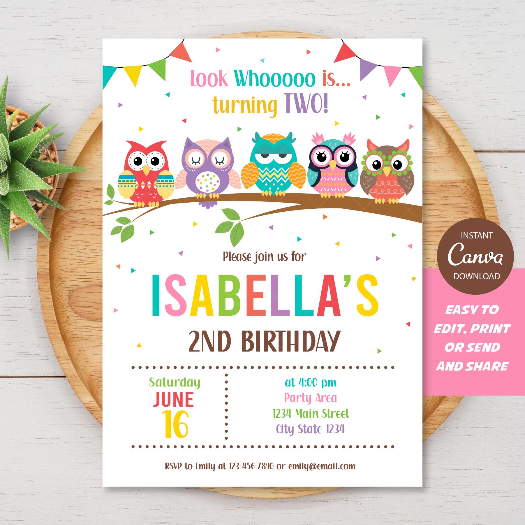 Owl Birthday Invitation, Editable Owl Invitation, Canva template, INSTANT DOWNLOAD