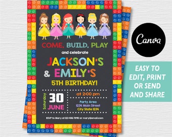 Editable, Building Blocks and Princess Invitation, Building blocks party, Canva template, Princesses Invitation, INSTANT DOWNLOAD