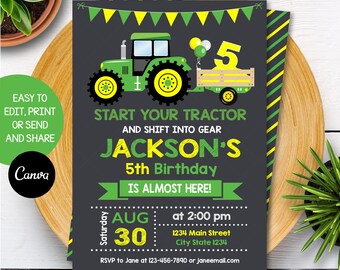 May include: A green and yellow tractor birthday invitation with the text "Start your tractor and shift into gear Jackson's 5th Birthday is almost here!"  The invitation also includes the date "Aug 30" and the time "at 2:00 pm".