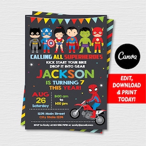 Editable, Superhero Motocross Invitation, Superheroes Party, Superheroes Birthday, Motorbike invitation, chalkboard, Canva, INSTANT DOWNLOAD