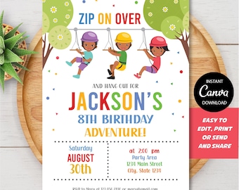 Może przedstawiać: Kolorowe zaproszenie urodzinowe z tekstem "ZIP ON OVER" i "JACKSON'S 8TH BIRTHDAY ADVENTURE!". Zaproszenie zawiera ilustracje dzieci na tyrolce oraz szczegóły wydarzenia, takie jak data, godzina i miejsce.