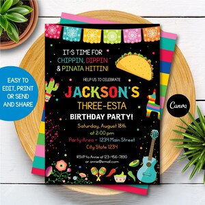 Editable Three-esta Invitation, 3rd Birthday Fiesta Invitation, Fiesta Birthday Party, Canva template, INSTANT DOWNLOAD