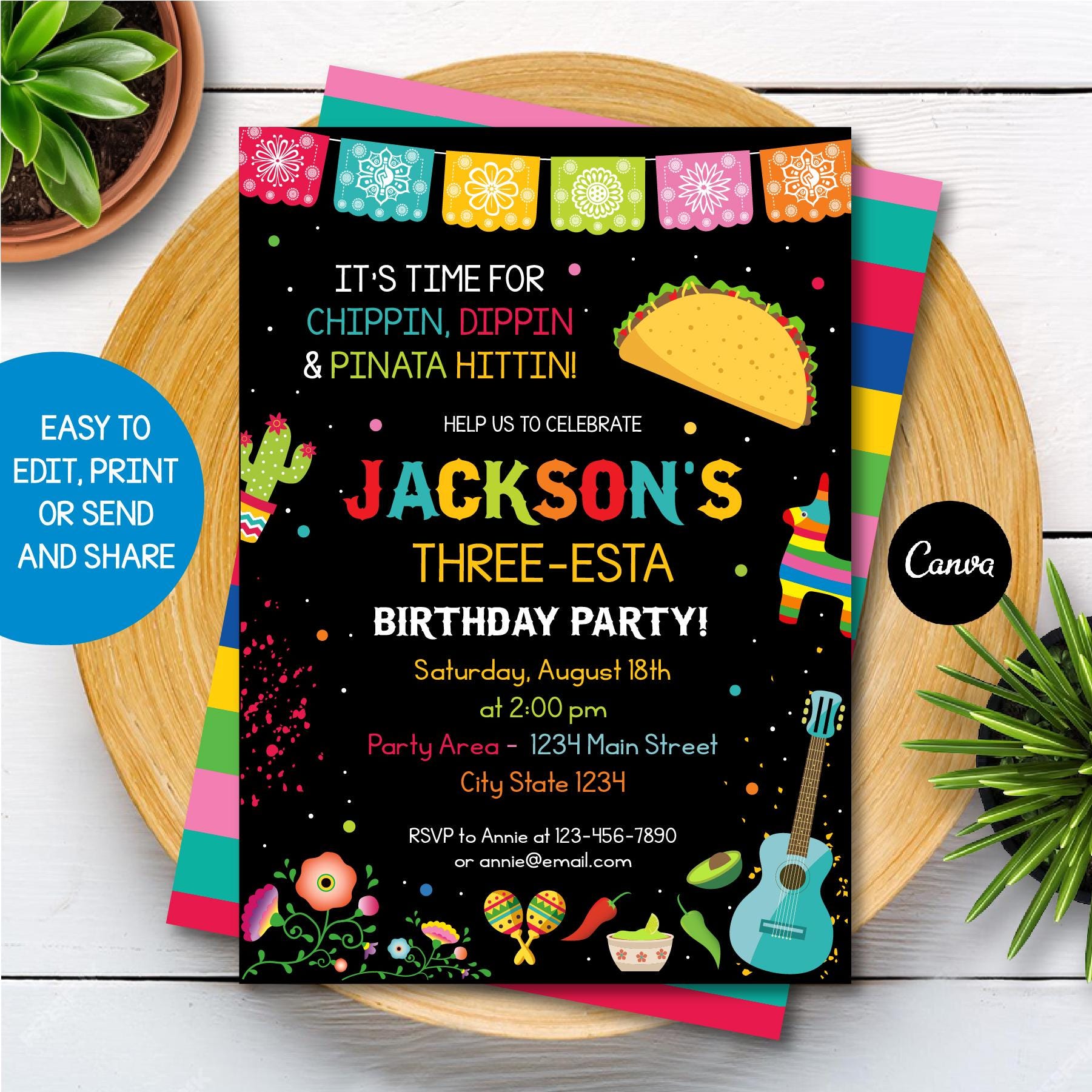 Editable Three-esta Invitation, 3rd Birthday Fiesta Invitation, Fiesta Birthday Party, Canva template, INSTANT DOWNLOAD