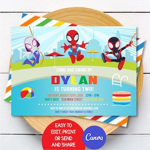 Editable Superhero Pool Birthday Invitation, Superhero Pool Party, Superhero and his Amazing Friends Invitation, Canva, INSTANT DOWNLOAD