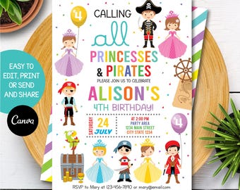 Bearbeitbare Prinzessinnen und Piraten-Geburtstagseinladung, Prinzessin und Piraten-Geburtstagsfeier, Canva-Vorlage, INSTANT DOWNLOAD