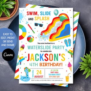 Editable Boys Waterslide Birthday Invitation, Boys Waterslide Party, Boys Waterpark Invitation, Canva template, INSTANT DOWNLOAD
