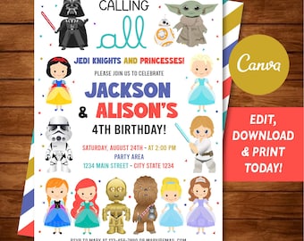 編集可能なスターウォーズとプリンセスの招待状、スターウォーズとプリンセスのパーティー、双子の誕生日、Canva、即時ダウンロード