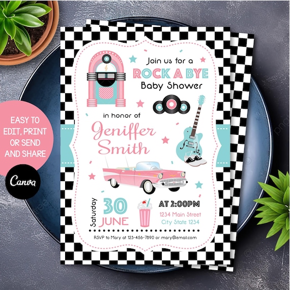 Editable 50's Baby Shower Invitation, Fifties Invitation, Fifties party, Fifties Baby Shower, 50's Canva template, INSTANT DOWNLOAD