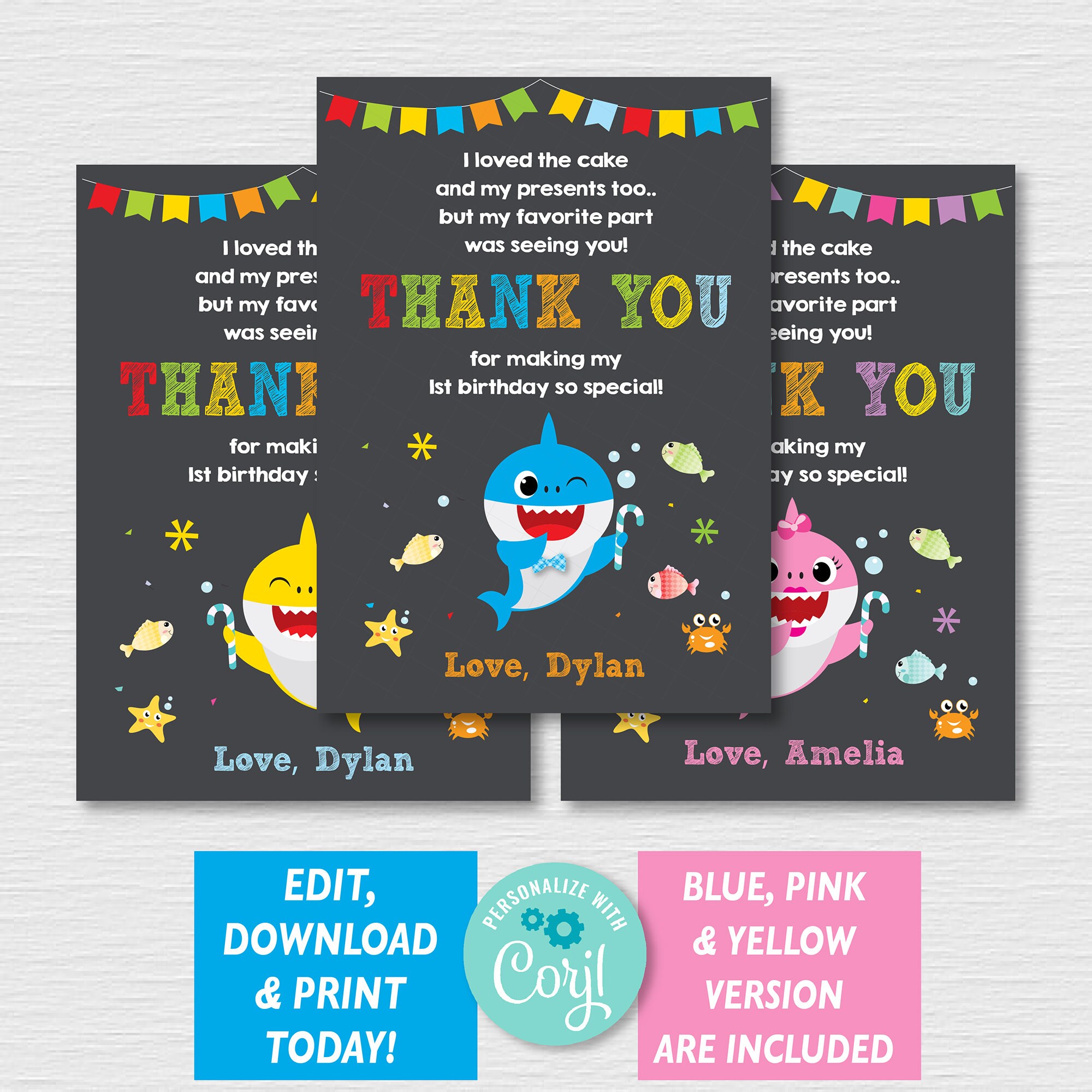 Editable Kids Birthday Thank You Card Thank You Note Blue Etsy Hong Kong