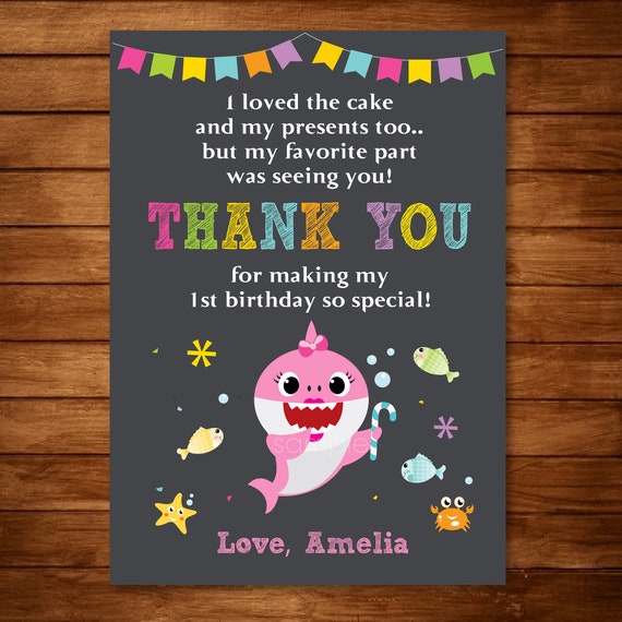 Baby Shark Thank You Card Baby Shark Thank You Note Baby Shark Birthday Party Pink Digital Printable Invitation