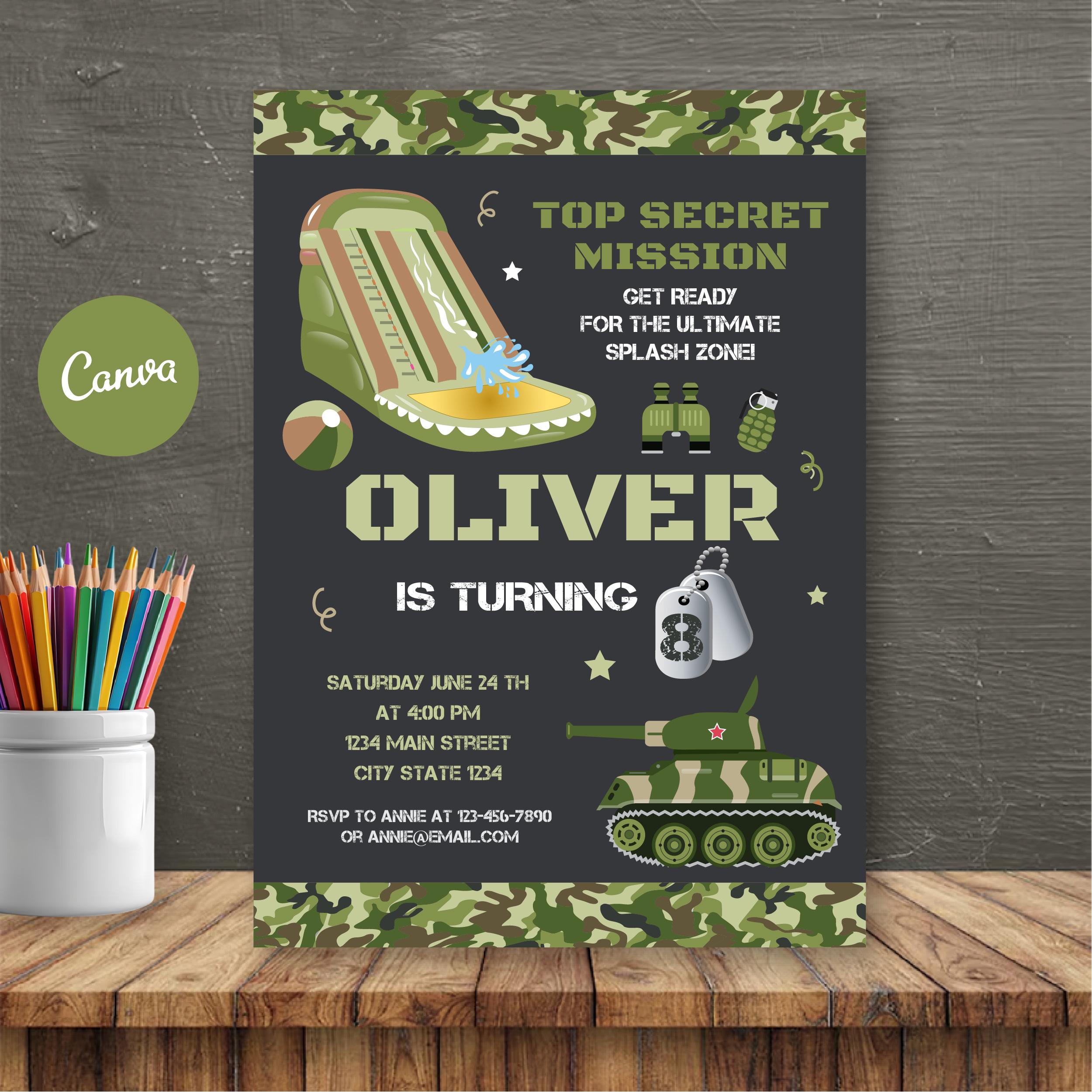 Editable Army Waterslide Birthday Invitation, Tank Invitation, Military ...
