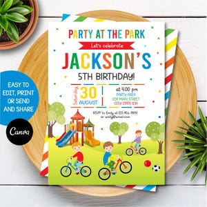Editable Bicycle Birthday Invitation, Party at the Park, Bike Birthday Invitation, Bicycle Party, Canva template, INSTANT DOWNLOAD