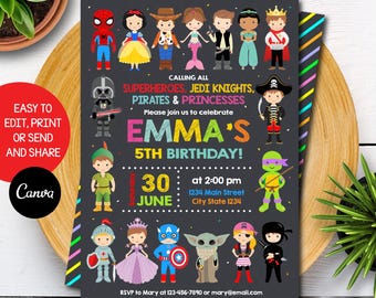 May include: A colorful birthday party invitation with a chalkboard background. The invitation features a variety of cartoon characters, including superheroes, pirates, princesses, and Jedi knights. The text on the invitation reads "Calling all superheroes, Jedi knights, pirates & princesses. Please join us to celebrate Emma's 5th birthday! Saturday, June 30 at 2:00 pm, 1234 Main Street, City State 1234. RSVP to Mary at 123-456-7890 or mary@email.com."