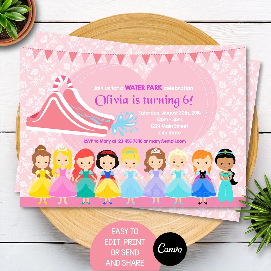 Editable Princess Waterslide Invitation, Princess Birthday, Princess