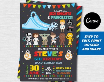 EDITABLE, Star Wars Waterslide Invitation, Star Wars Birthday,  Water Slide Party, Waterslide Invitation, Canva template, INSTANT DOWNLOAD