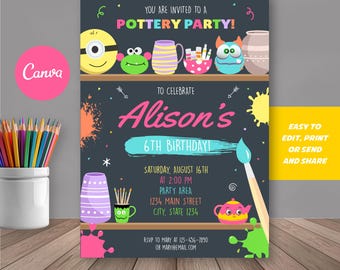 Editable Painting Pottery Birthday Invitation, Pottery Painting Party, Girl Pottery Invitation, Canva template, INSTANT DOWNLOAD