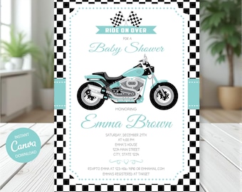 May include: Baby shower invitation featuring a teal motorcycle illustration. The design includes a black and white chequered border, the text "Ride on Over for a Baby Shower", and the name "Emma Brown".