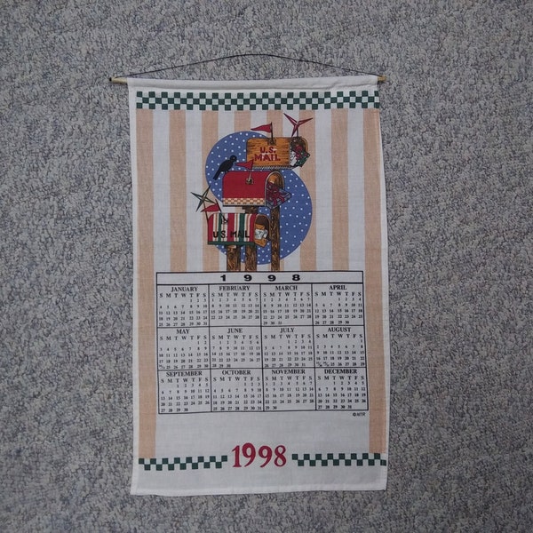 Vintage 1998 Cloth Calendar Towel With Wooden Dowel Rod & Cord For Hanging