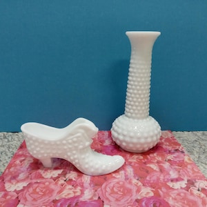 Hobnail Milk Glass Shoe & Vase Set