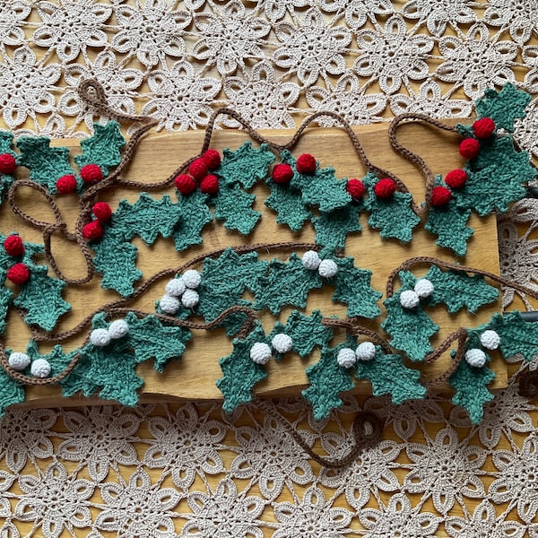 Handmade Crochet Holly and Berries Christmas Tree Garland