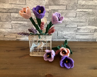 Crochet Tulip & Lavender Flower Bouquet | Flower Bouquet for Home Decor | Eternal Flower Bouquet