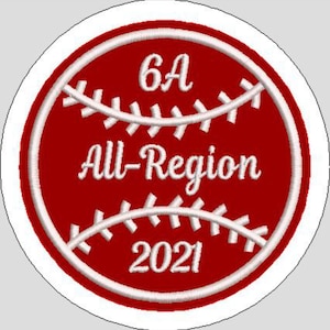 Könnte beinhalten: Ein roter und weißer Baseball-Patch mit dem Text "6A All-Region 2021".