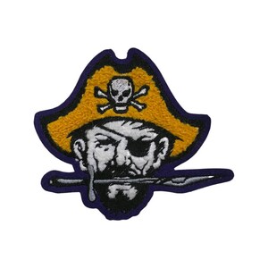 May include: An embroidered patch featuring a cartoon pirate with a yellow hat, a skull and crossbones, a black eye patch, and a black beard. The pirate is holding a sword in his mouth. The patch is outlined in purple.
