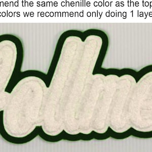 May include: A custom chenille patch featuring the name Vollmer in white script lettering. The patch has a dark green felt border and includes the text: We don't recommend the same chenille color as the top felt. If you only want 2 colors we recommend only doing 1 layer of felt.