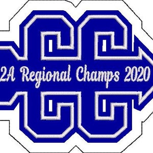 Op de afbeelding: Een blauwe en witte patch met de letters "GG" in een gestileerd lettertype. De patch heeft een witte pijl die naar rechts wijst met de tekst "2A Regional Champs 2020" in wit.