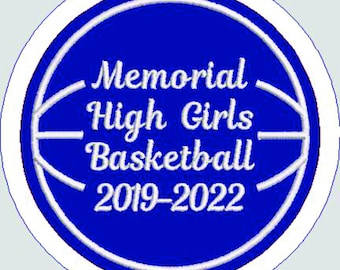 May include: A blue and white basketball patch with the text "Memorial High Girls Basketball 2019-2022".