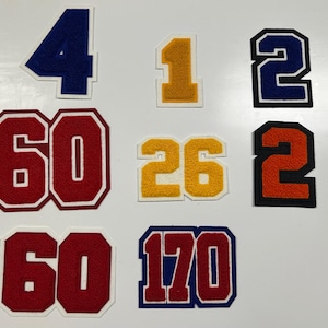 以下が含まれることがあります： さまざまな色のフェルト数字パッチのコレクション。4、1、2、60、26、170の数字が含まれています。パッチは白い縁取りがあり、カレッジスタイルです。