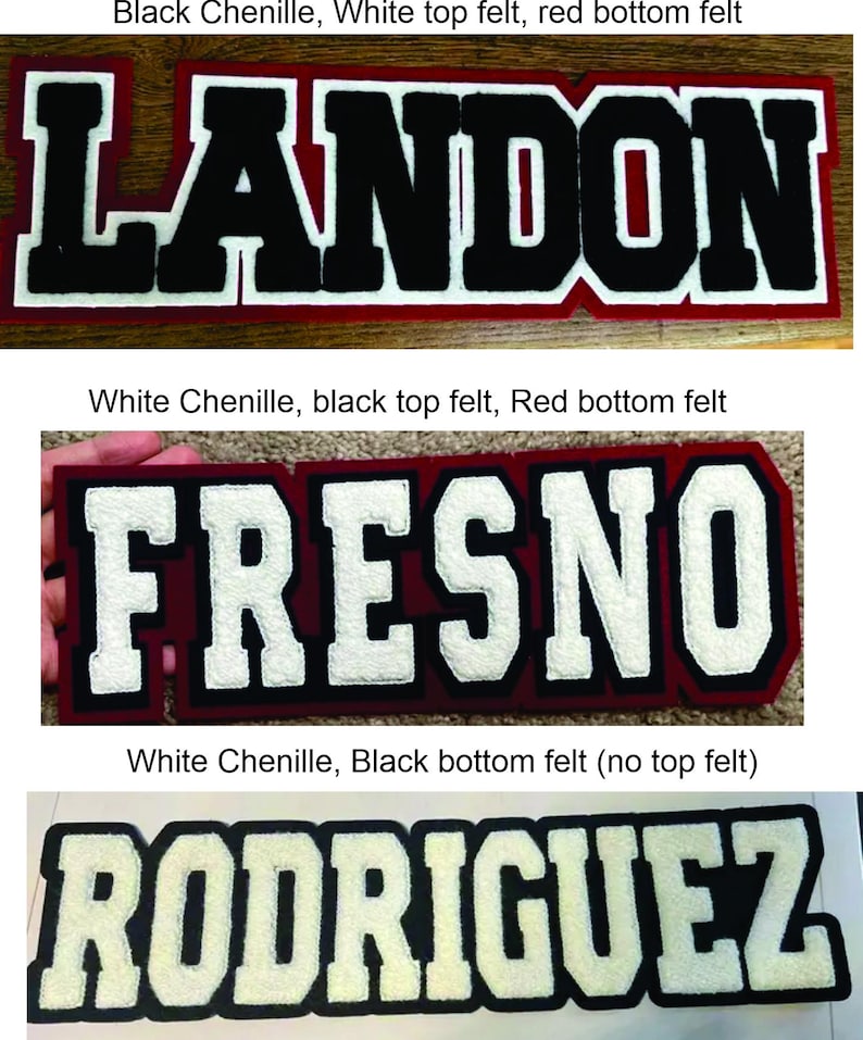 May include: Three rectangular varsity-style patches featuring the names LANDON, FRESNO, and RODRIGUEZ. The patches are constructed with layered felt and chenille lettering in black, white, and red color combinations with block-style typography.