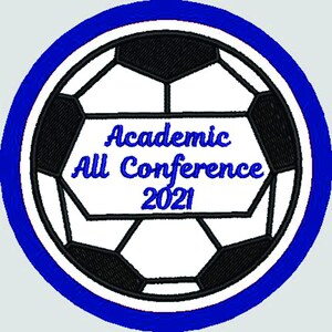 May include: A white soccer ball with a blue border and the text "Academic All Conference 2021" in blue.