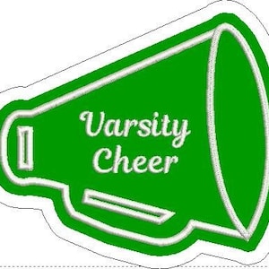 May include: Green megaphone with a white outline and the text "Varsity Cheer" in white.