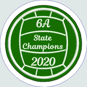 May include: A green volleyball with white stitching and a white outline. The text "6A State Champions 2020" is written on the volleyball.
