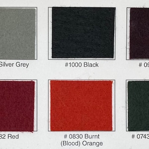 May include: Colour chart with ten fabric swatches, showing different colours, including white, silver grey, black, maroon, cardinal red, bright red/scarlet, red, burnt orange, forest green, and kelly green. Each swatch is labelled with a colour name and a number.