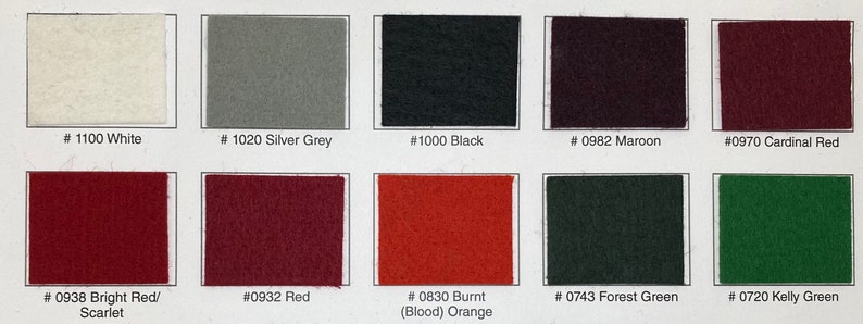 May include: Colour chart with ten fabric swatches, showing different colours, including white, silver grey, black, maroon, cardinal red, bright red/scarlet, red, burnt orange, forest green, and kelly green. Each swatch is labelled with a colour name and a number.